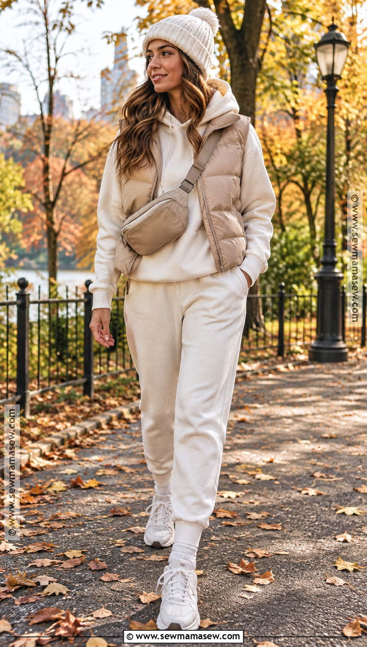Hoodie With Puffer Vest And Joggers - 20 fall hoodie outfit ideas