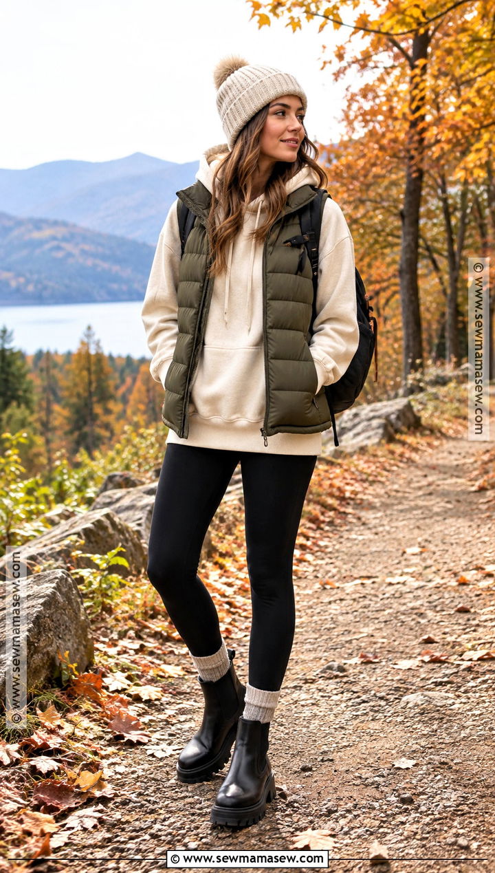 Hoodie With Puffer Vest And Leggings - 15 cozy fall hoodie style ideas