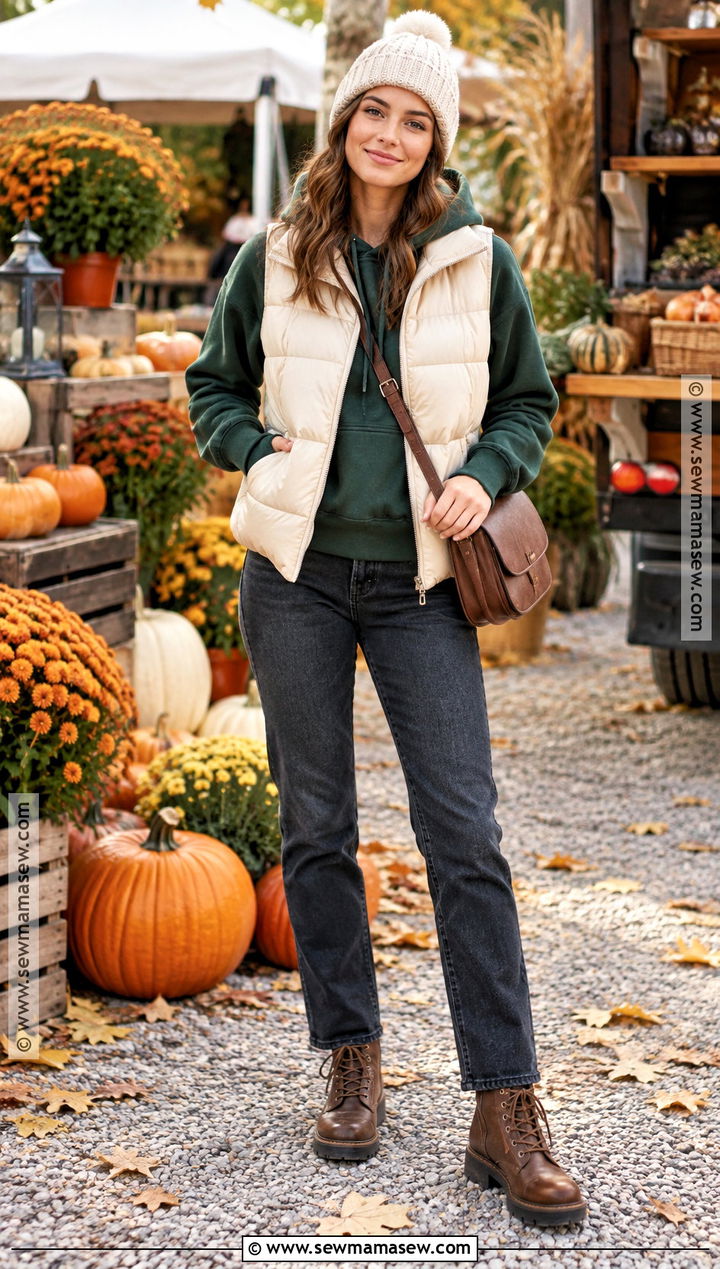 Hoodie With Puffer Vest And Slim Jeans - 15 fall hoodie outfit ideas