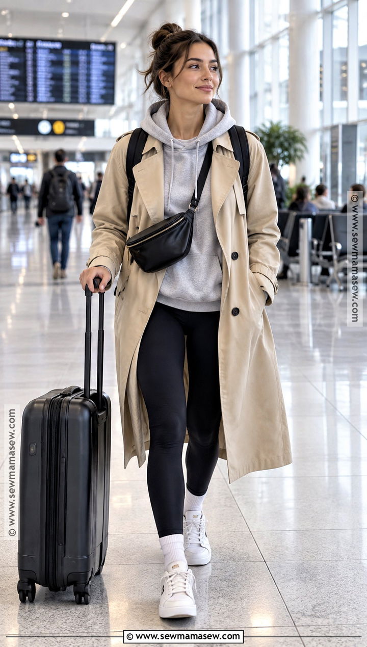 Hoodie With Trench Coat And Leggings - 15 travel outfit plane fall ideas