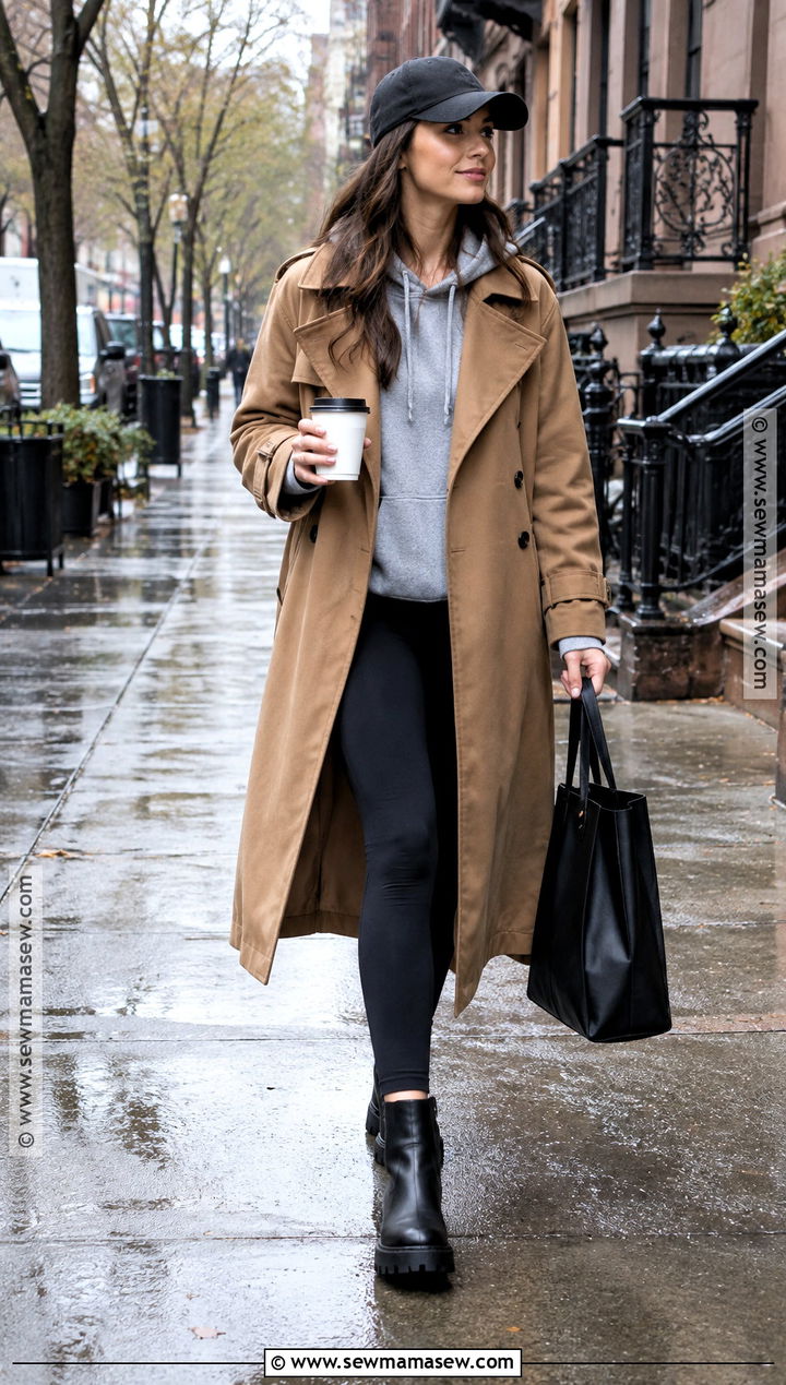 Hoodie With Trench Coat And Leggings - 20 fall hoodie outfit ideas