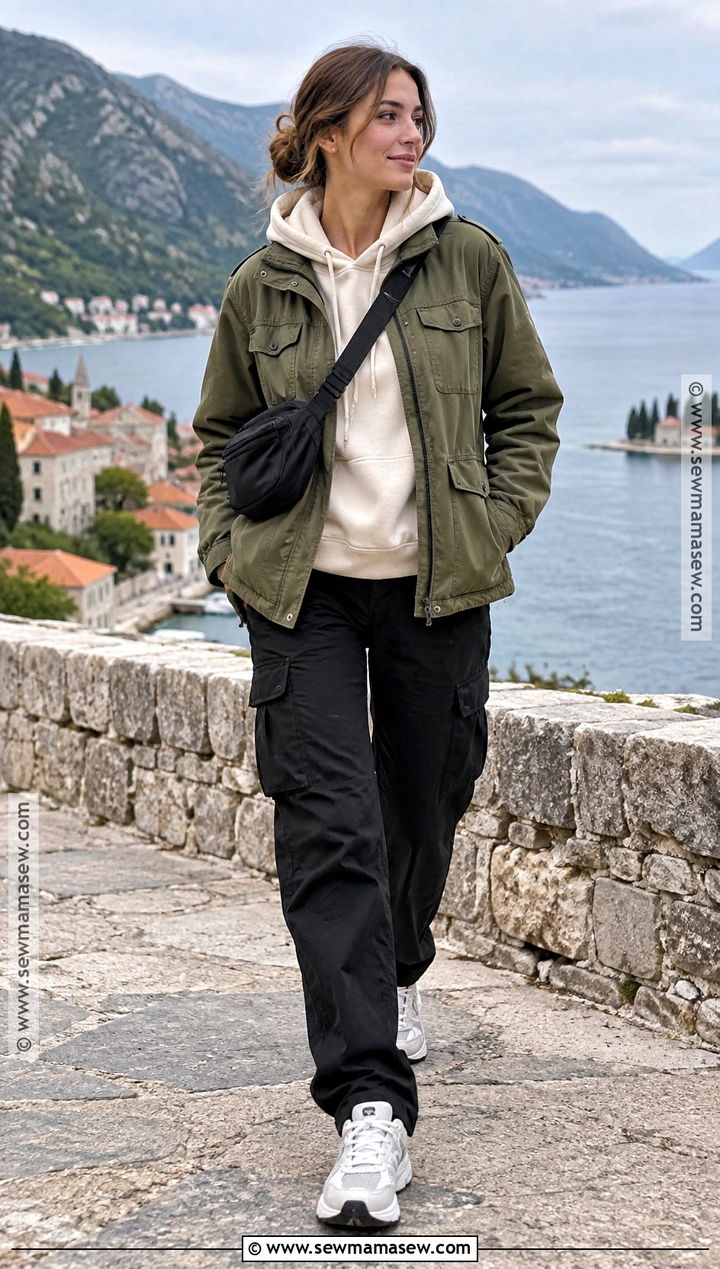 Hoodie With Utility Jacket And Cargo Pants - 20 fall hoodie outfit ideas