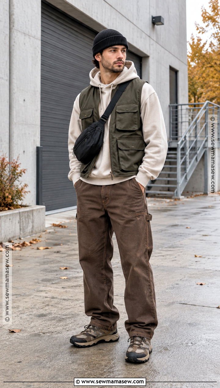 Hoodie With Utility Vest And Carpenter Pants - 15 Fall Hoodie Outfit Ideas for Men