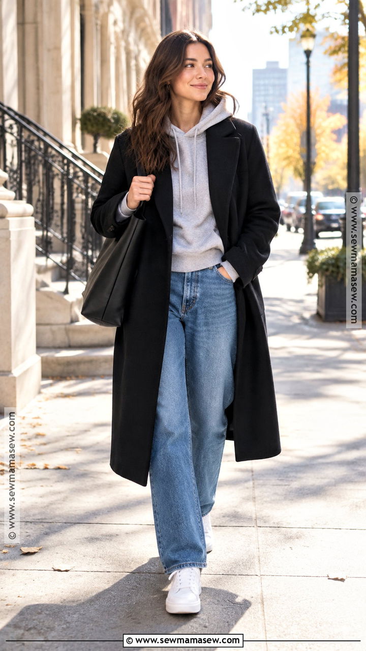 Hoodie With Wool Coat And Jeans Fall Outfit - 20 Warmer Fall Outfits