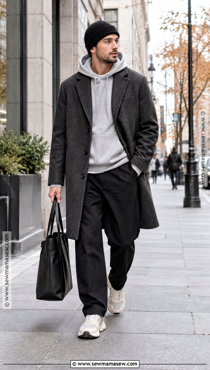 Hoodie With Wool Coat And Relaxed Trousers - 20 Mens Casual Fall Outfits