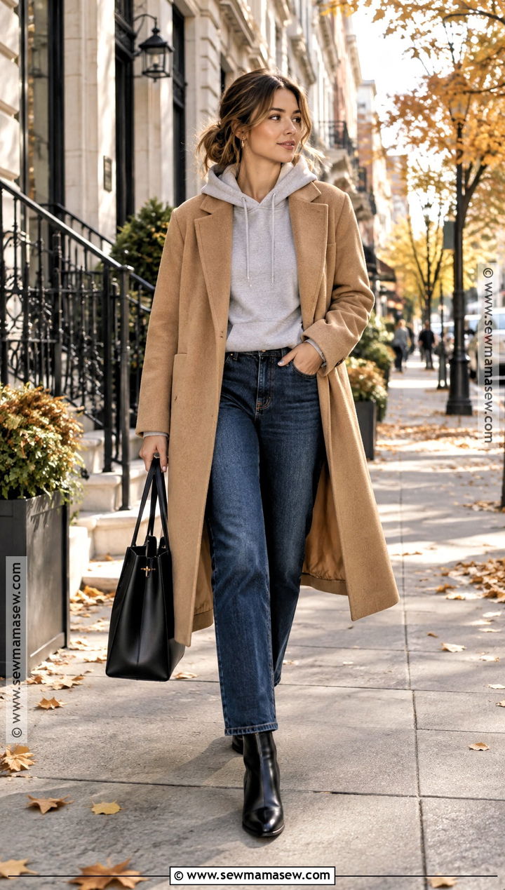 Hoodie With Wool Coat And Straight Jeans - 20 fall hoodie outfit ideas