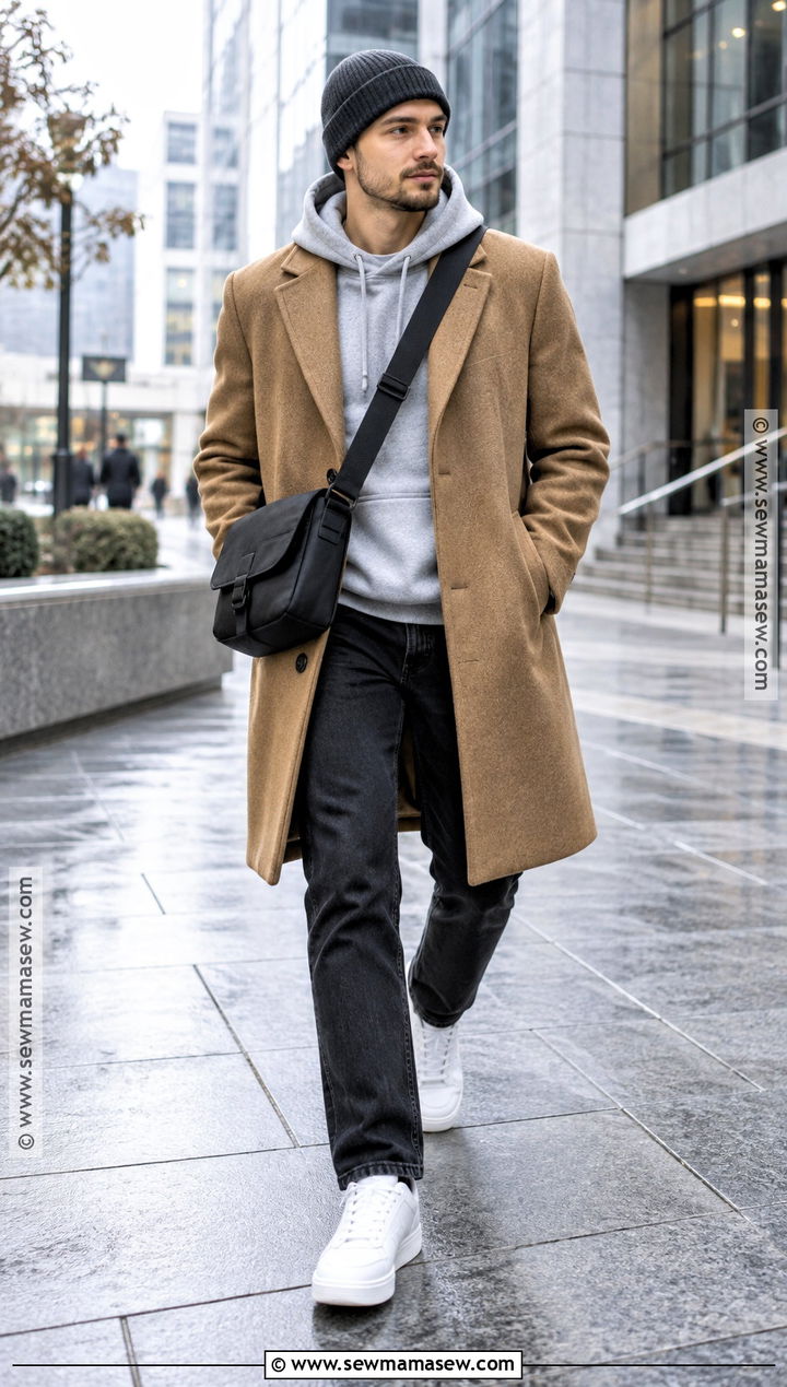 Hoodie With Wool Coat and Black Jeans - 15 chill fall outfits for men
