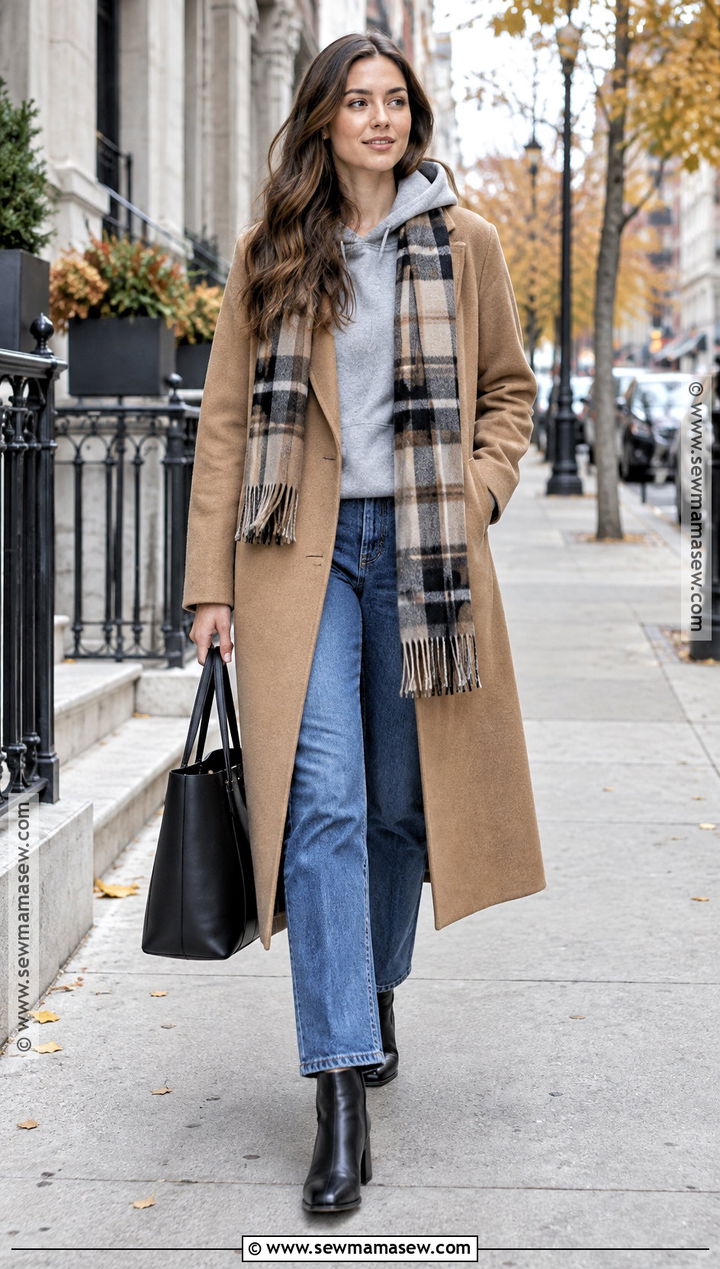 Hoodie With Wool Coat and Jeans - 15 cozy fall hoodie fashion ideas