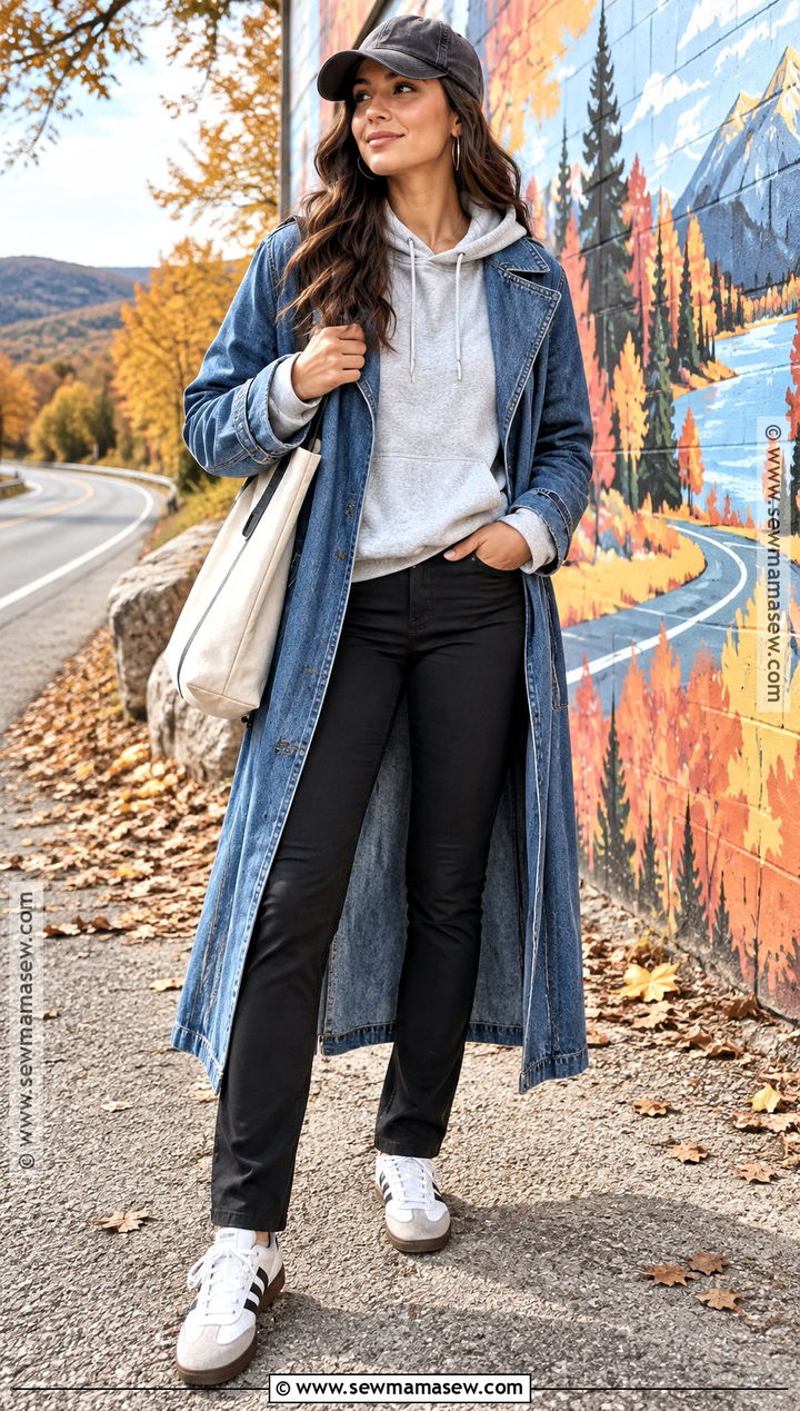Hoodie and Denim Trench Fall Road Trip Outfit - 20 fall road trip outfit ideas