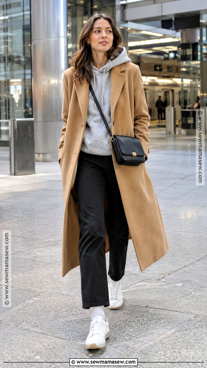 Hoodie and Long Wool Coat Chicago Fall Outfit - 20 fall chicago outfits
