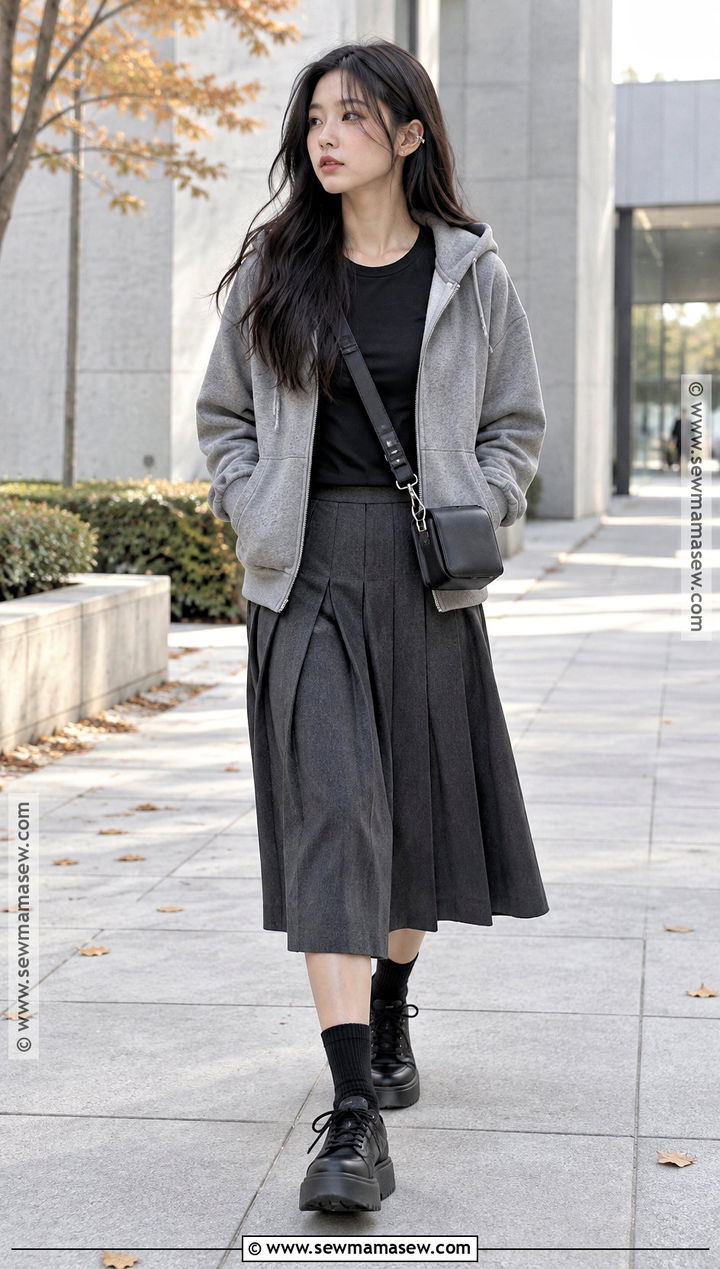 Hoodie and Pleated Midi Skirt Acubi Autumn Outfit - 20 acubi autumn outfits