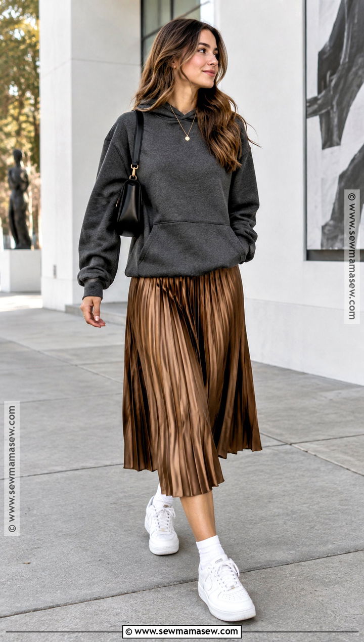 Hoodie and Pleated Midi Skirt With Air Force Ones - 15 Fall Outfit With Air Force Ones Ideas