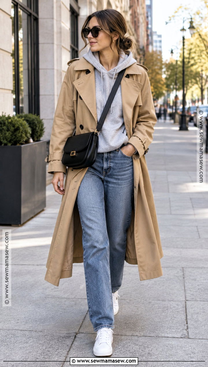 Hoodie and Trench Coat Fall Outfit - 25 comfy cute fall outfits