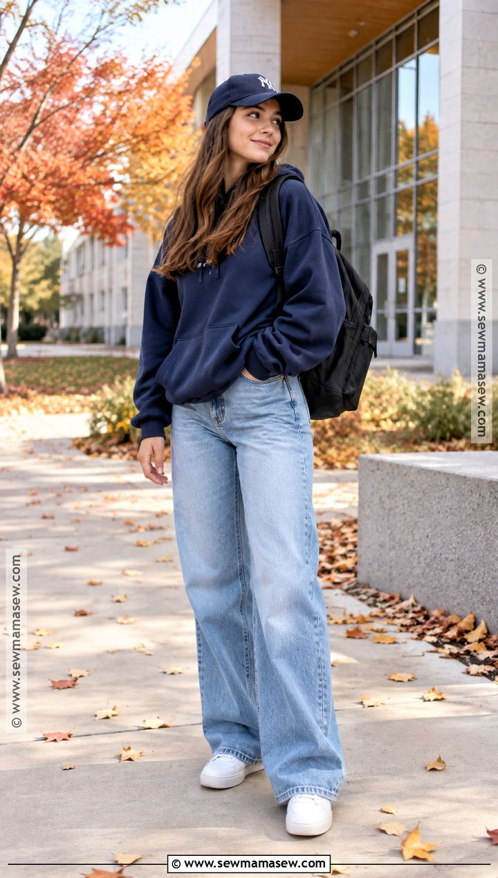 Hoodie and Wide Leg Jeans Fall Class Outfit - 25 fall class outfits