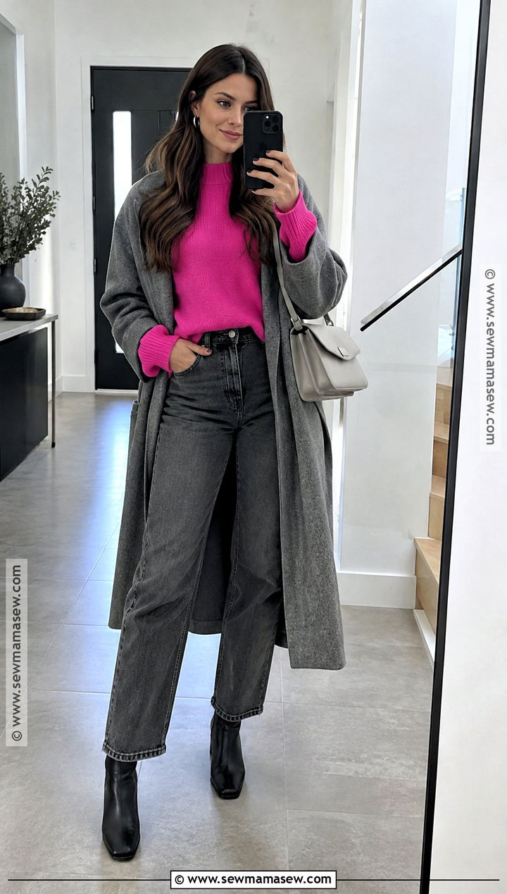 Hot Pink Sweater and Gray Jeans Fall Outfit - 15 colorful fall fashion outfits