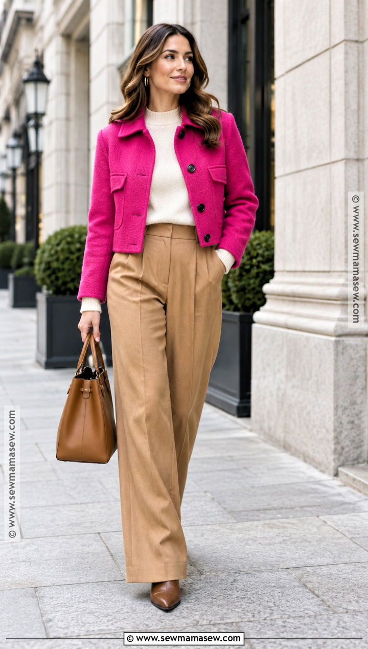 Hot Pink Wool Jacket With Camel Trousers - 15 autumn pink jacket ideas