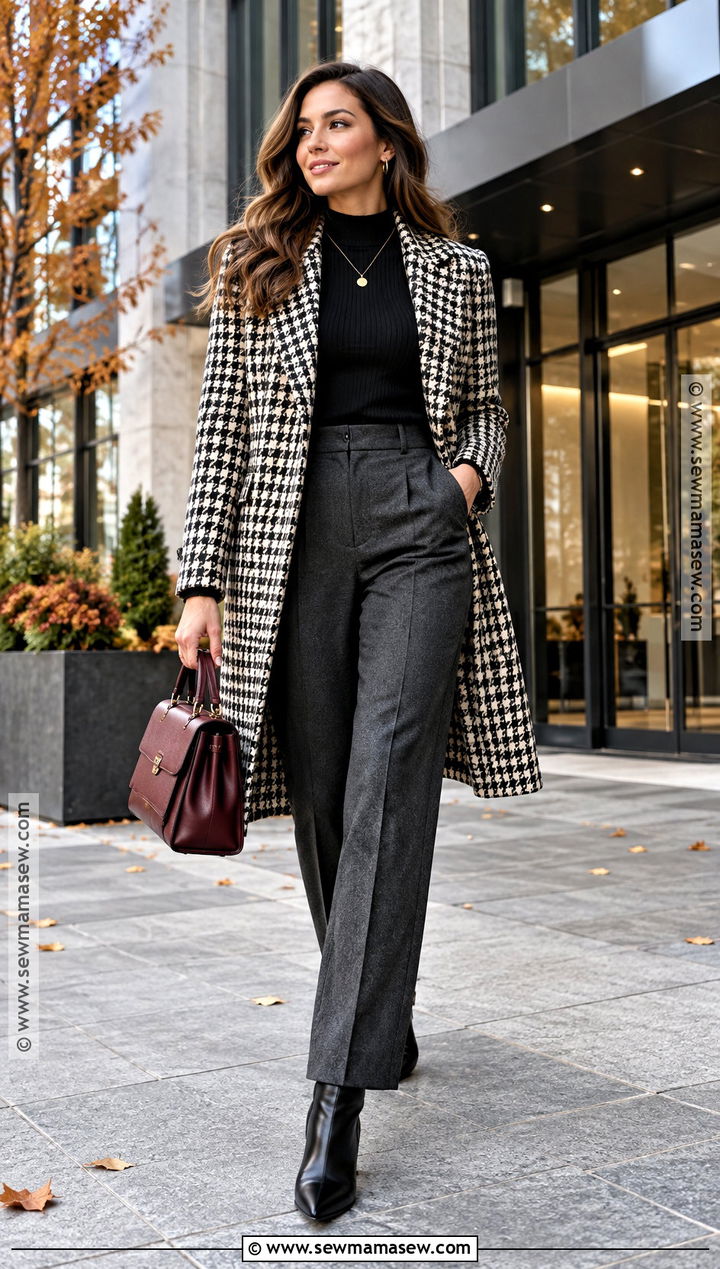 Houndstooth Coat And Trousers Outfit - 15 Autumn Fashion Patterns Ideas