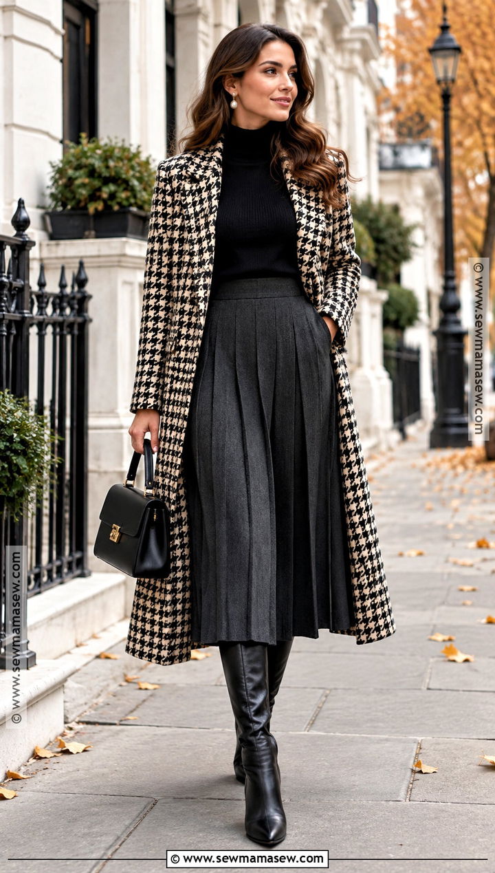 Houndstooth Coat With Black Turtleneck And Midi Skirt - 15 old money style women fall ideas 2026