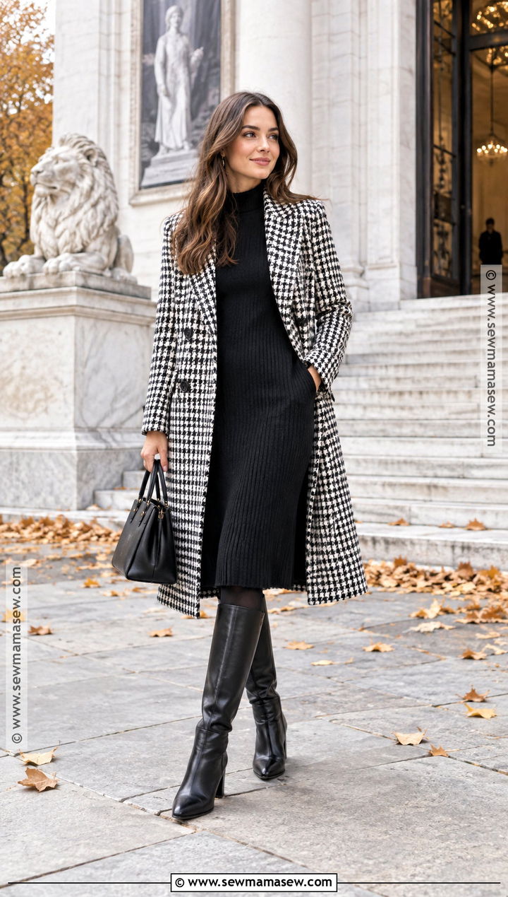 Houndstooth Coat With Sweater Dress And Boots - 20 fall coat outfits