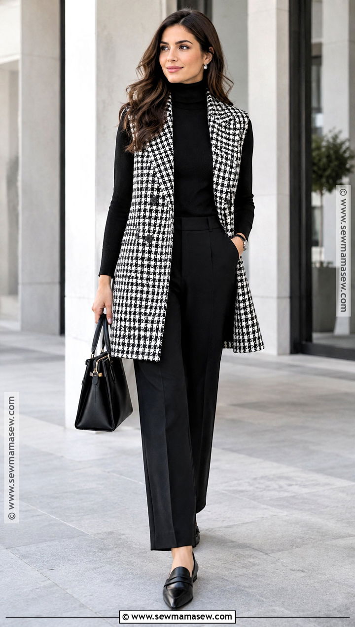 Houndstooth Vest With Black Turtleneck And Trousers - 20 vest autumn outfit ideas