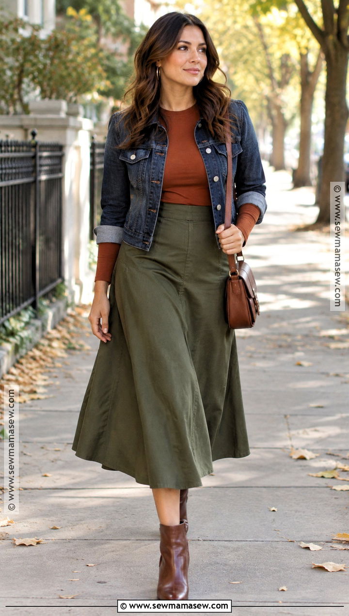 Hourglass Denim Jacket And Midi Skirt Outfit - 15 Hourglass Capsule Wardrobe Fall Ideas