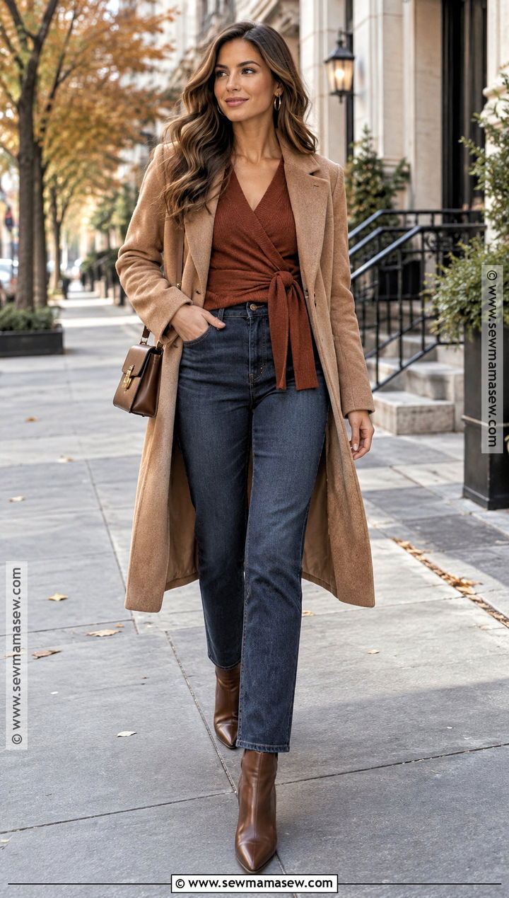 Hourglass Wrap Sweater And Straight Leg Jeans Outfit - 15 Hourglass Capsule Wardrobe Fall Ideas