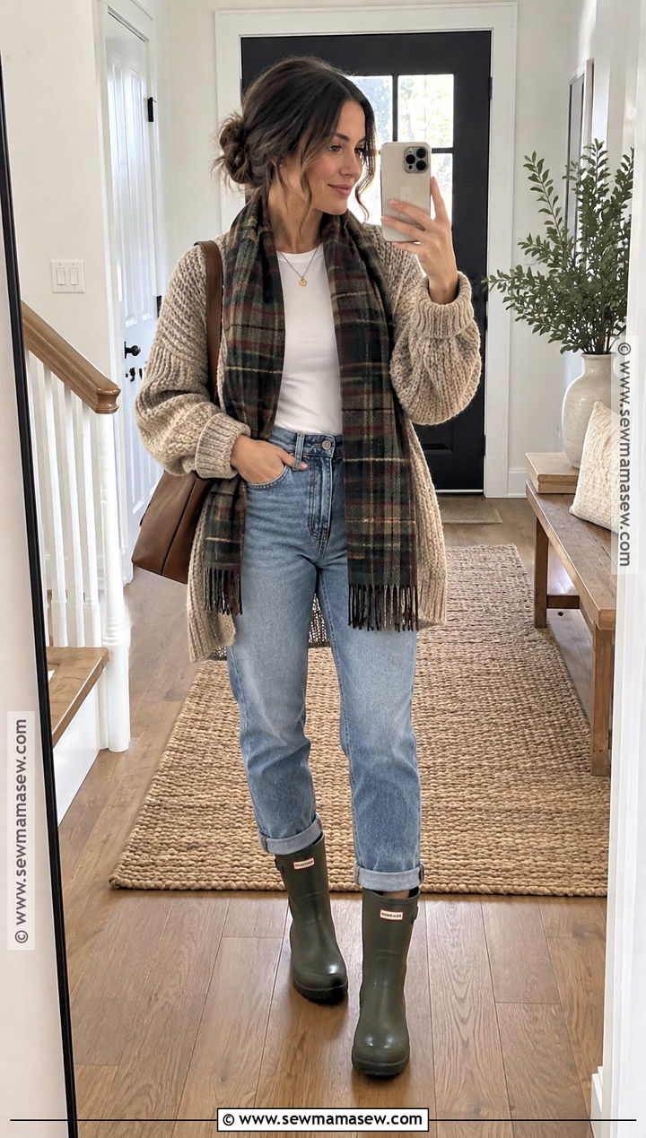 Hunter Boots With Cardigan And Mom Jeans - 25 hunter boots outfit fall