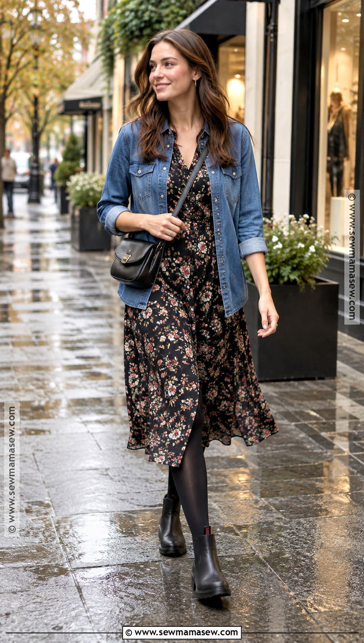 Hunter Boots With Midi Dress And Denim Shirt - 25 hunter boots outfit fall