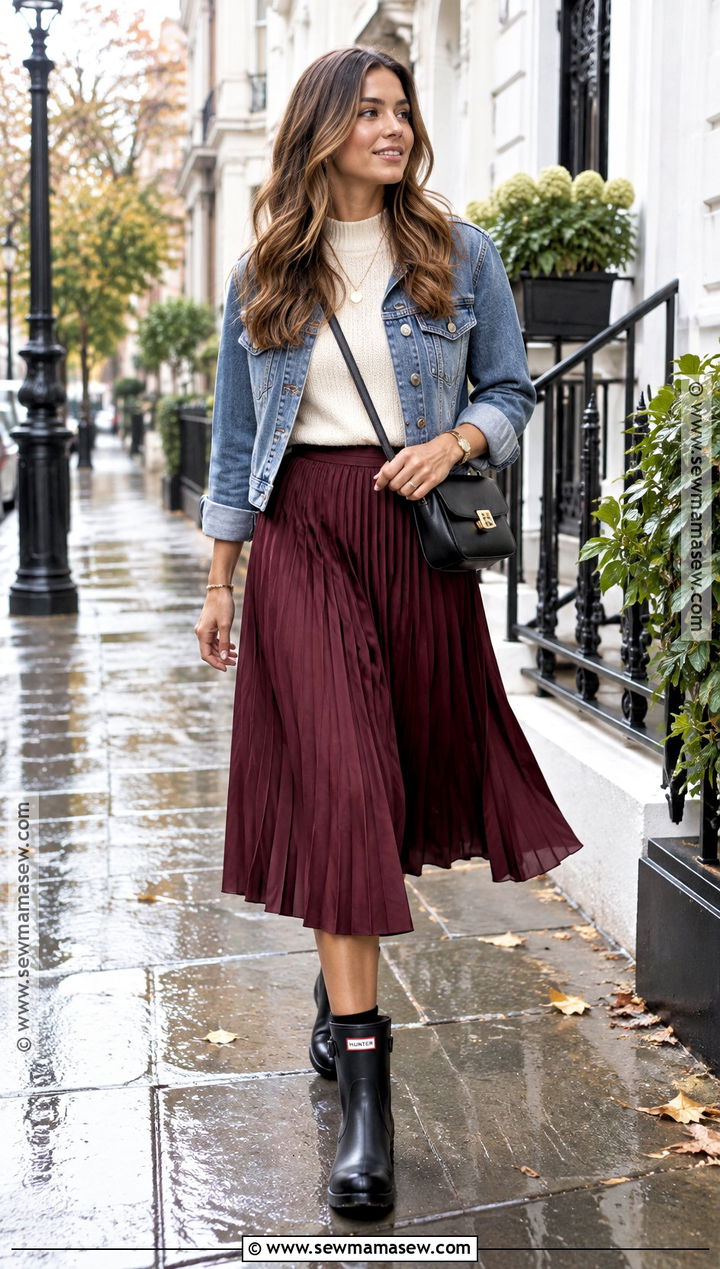 Hunter Boots With Midi Skirt And Denim Jacket - 25 hunter boots outfit fall