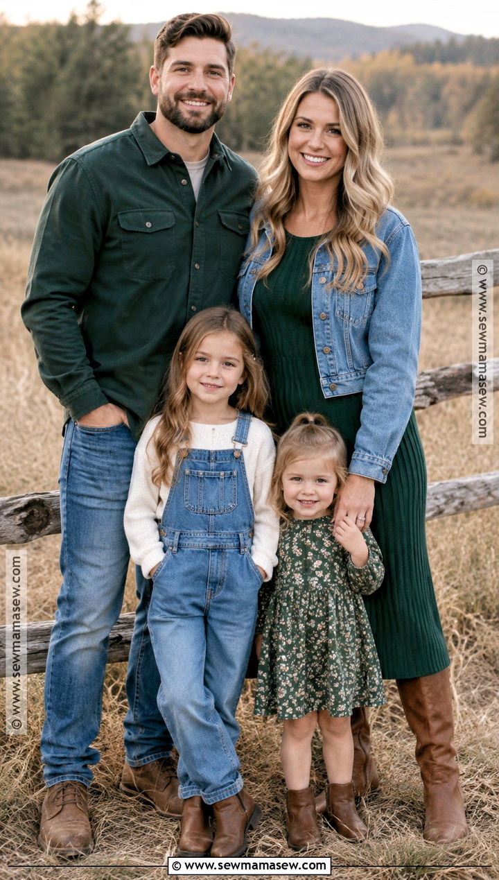Hunter Green And Denim Fall Family Photo Outfits - 20 green fall family photo outfits