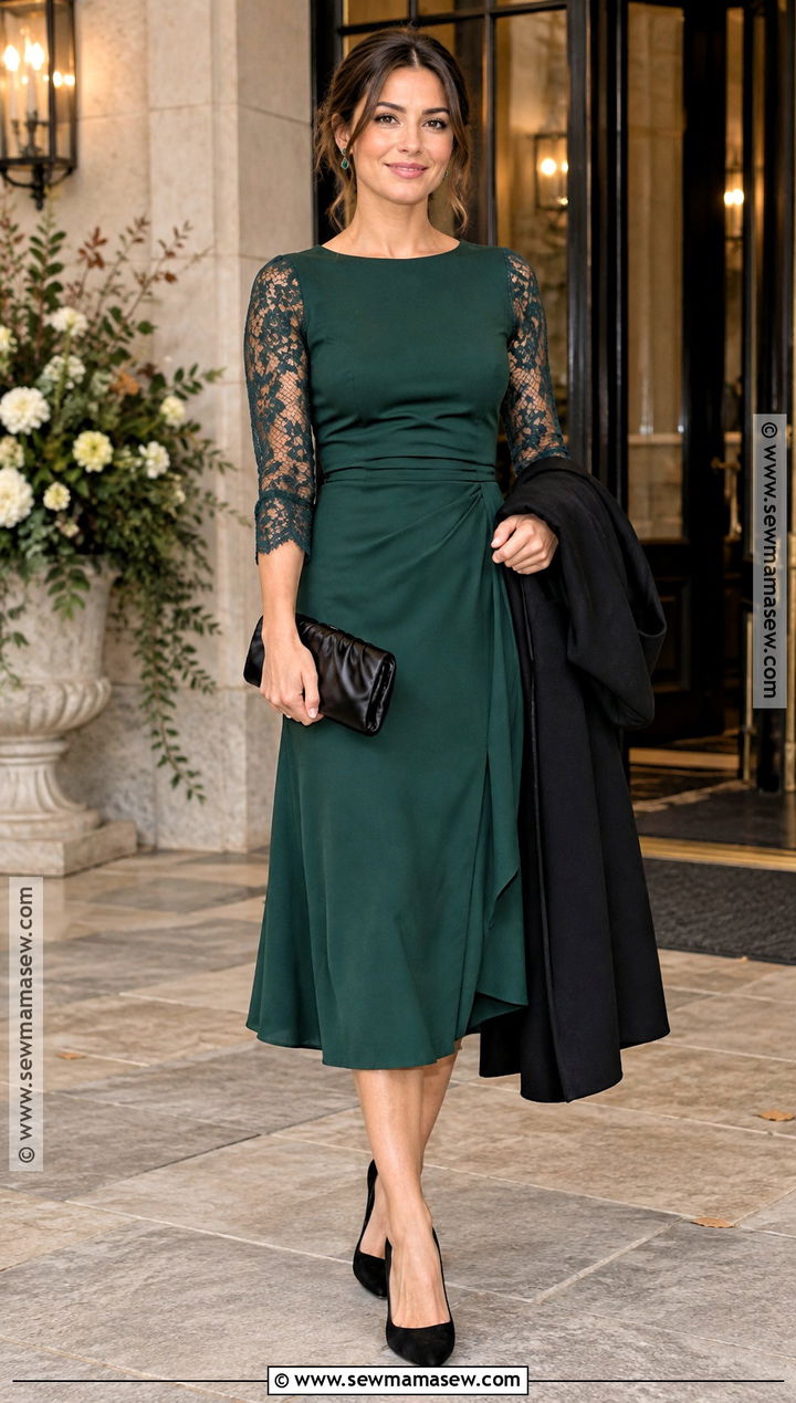 Hunter Green Lace Sleeve Dress - 15 Green Fall Wedding Guest Dress Ideas