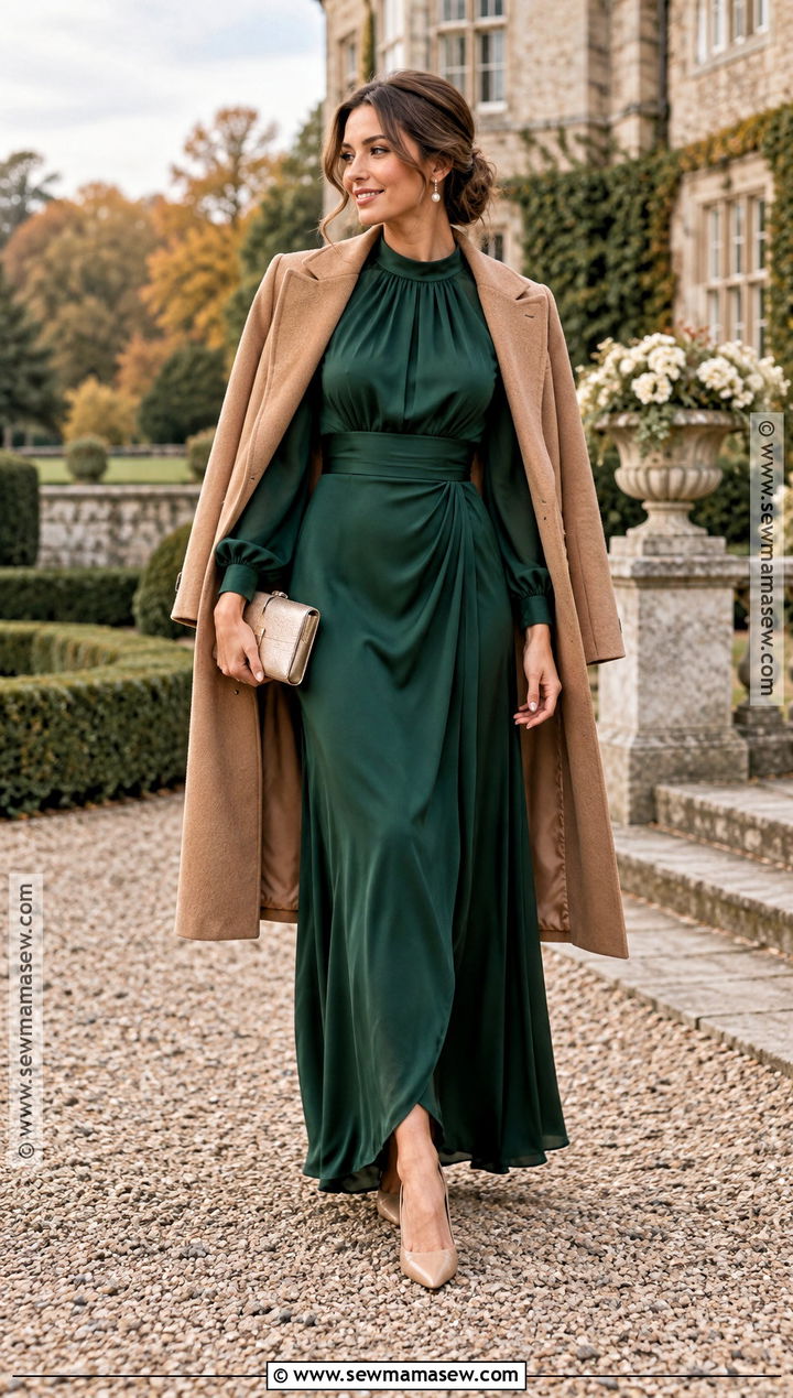 Hunter Green Long Sleeve Maxi Dress With Nude Pumps - 15 green wedding guest dress fall ideas