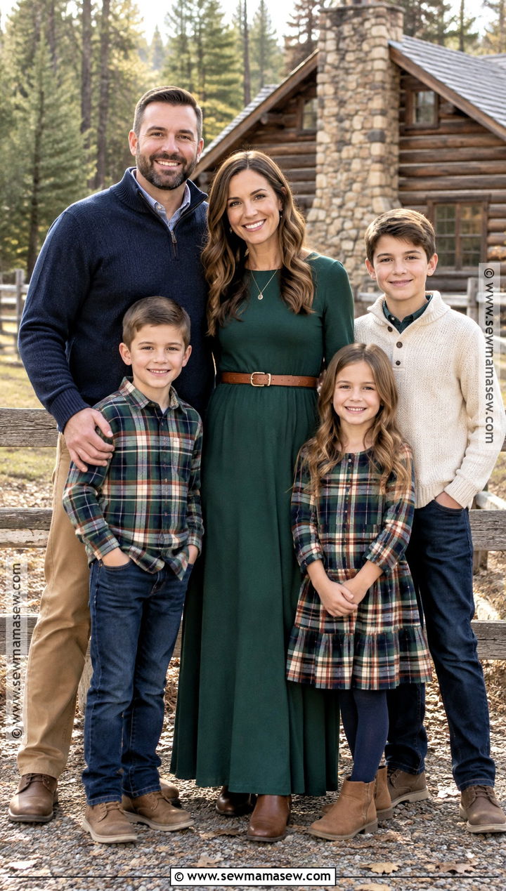 Hunter Green Maxi Dress With Plaid Family Outfits - 15 Green Dress Fall Family Photos Ideas