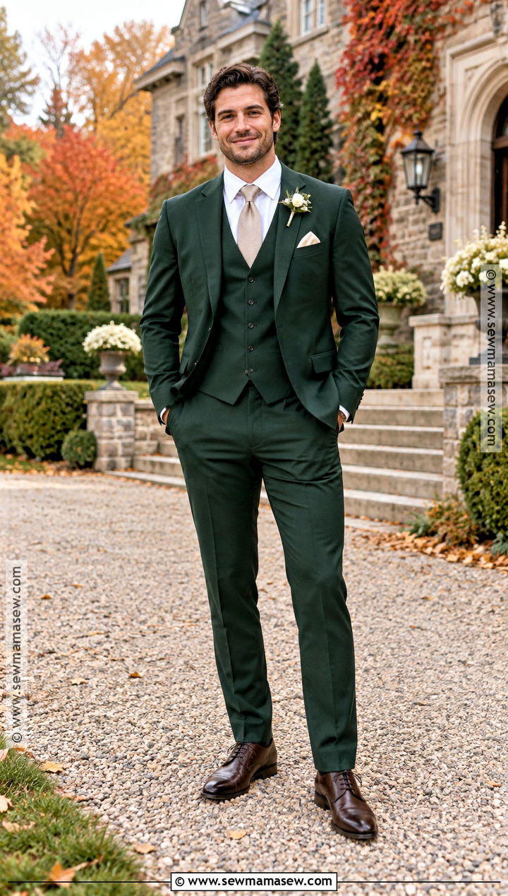 Hunter Green Three Piece Groom Suit - 15 fall wedding tux groom attire green ideas