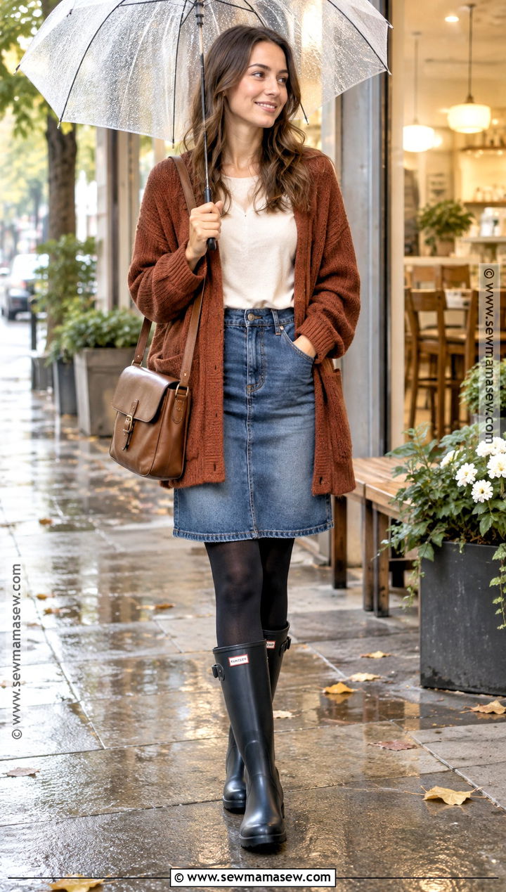 Hunter Rain Boots With Denim Skirt And Oversized Cardigan - 20 hunter rainboots outfit fall ideas