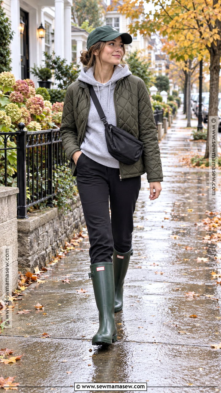 Hunter Rain Boots With Hoodie And Quilted Jacket - 20 hunter rainboots outfit fall ideas