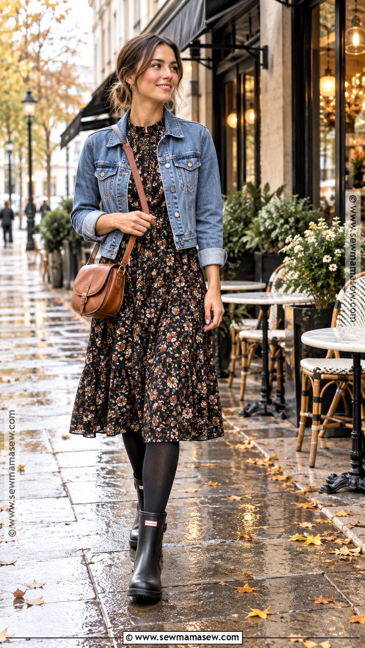 Hunter Rain Boots With Midi Dress And Denim Jacket - 20 hunter rainboots outfit fall ideas