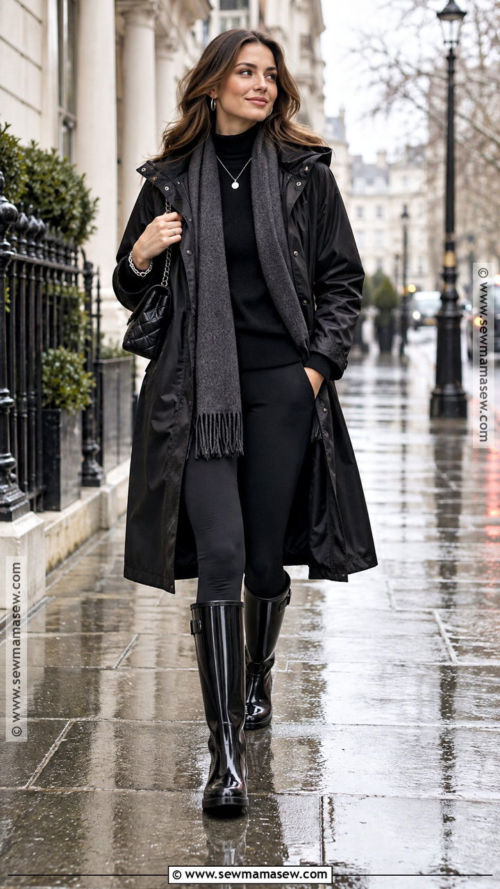 Hunter Rain Boots With Monochrome Black Layers - 20 hunter rainboots outfit fall ideas