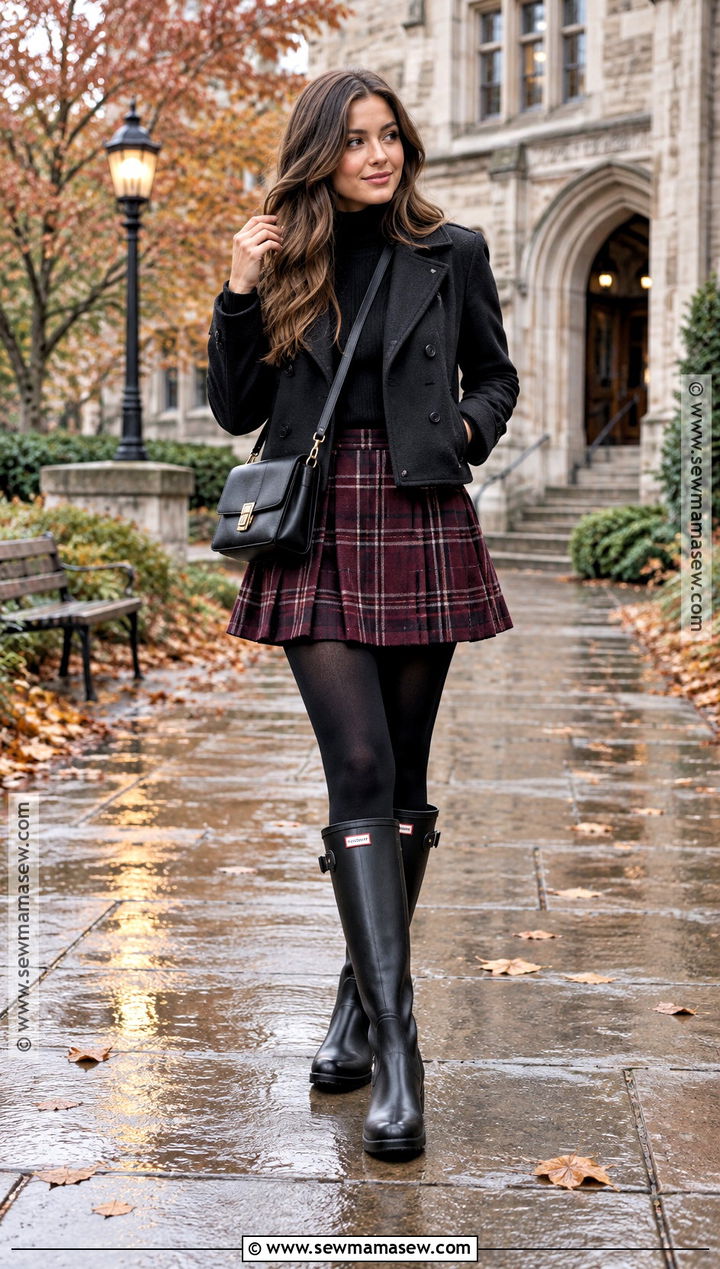 Hunter Rain Boots With Plaid Skirt And Tights - 20 hunter rainboots outfit fall ideas
