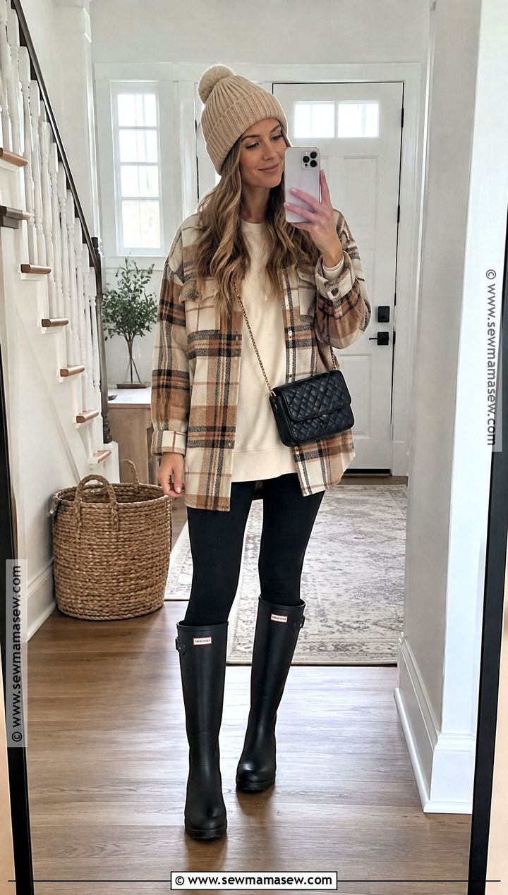 Hunter Rain Boots With Shacket And Black Leggings - 20 hunter rainboots outfit fall ideas