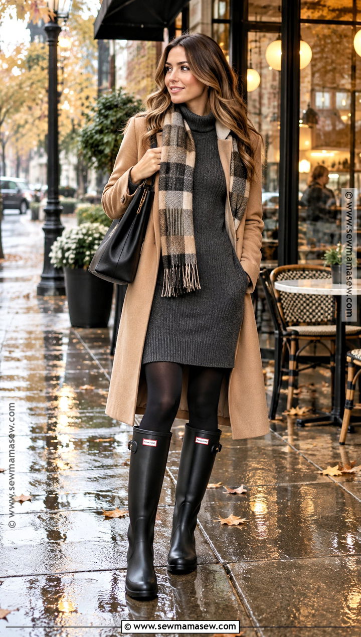 Hunter Rain Boots With Sweater Dress And Long Coat - 20 hunter rainboots outfit fall ideas