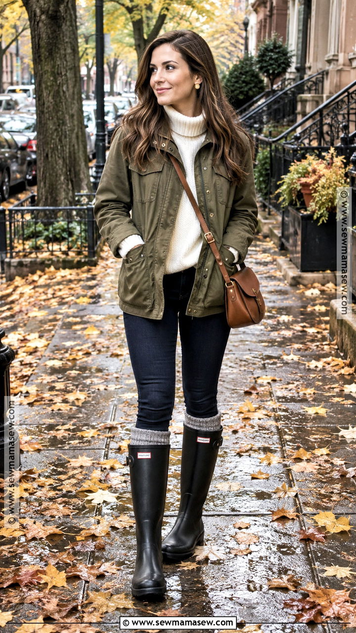 Hunter Rain Boots With Turtleneck And Utility Jacket - 20 hunter rainboots outfit fall ideas