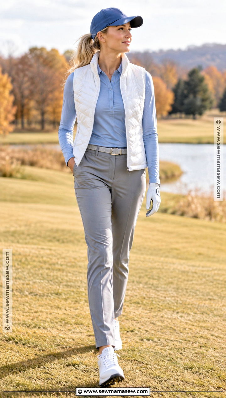 Icy Blue Polo And Gray Golf Pants Outfit - 15 ladies fall golf outfits
