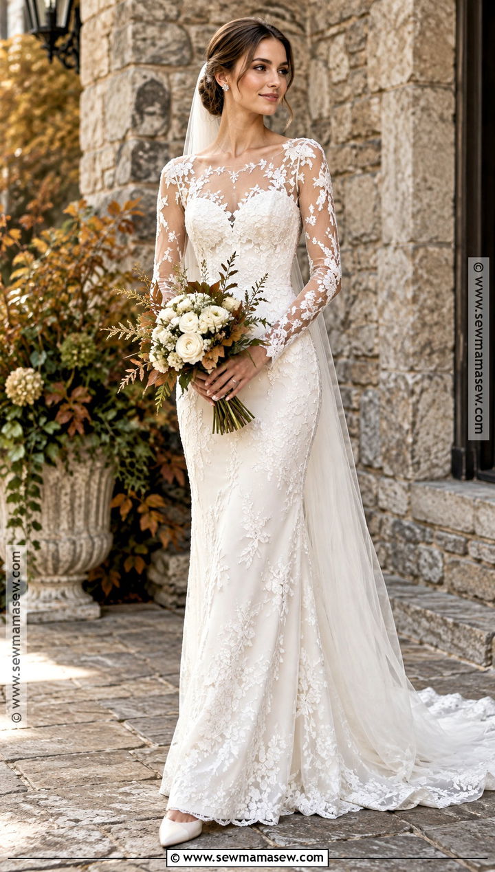 Illusion Lace Long Sleeve Wedding Dress - 15 rustic fall wedding dress lace long sleeve ideas