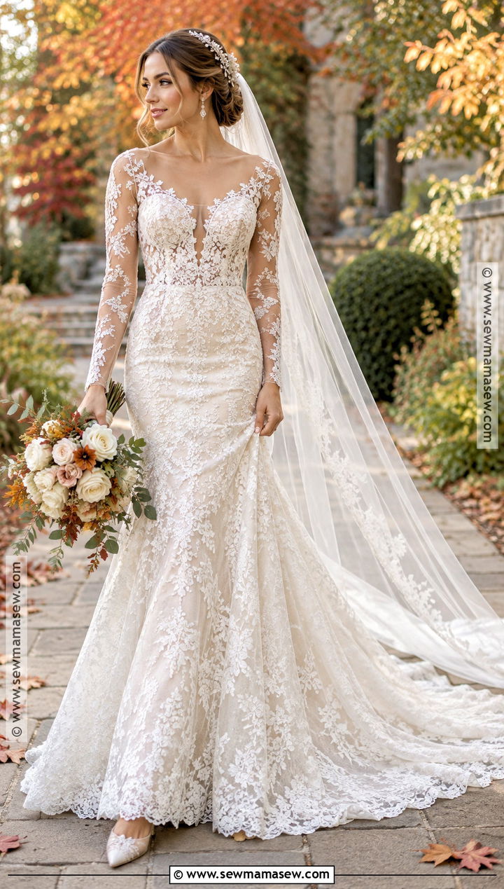 Illusion Sleeve Fit And Flare Wedding Dress - 15 Classic Fall Wedding Dress Ideas
