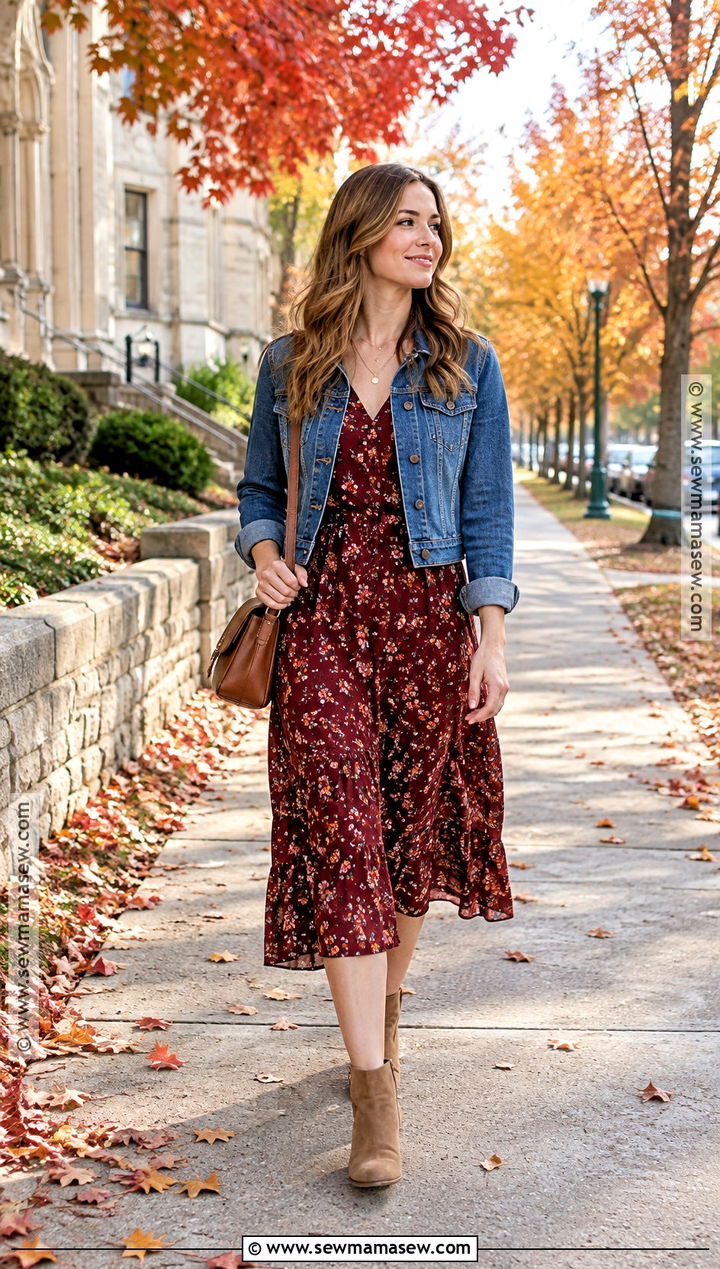 Indiana Fall Denim Jacket And Midi Dress Outfit - 15 Indiana Fall Outfits