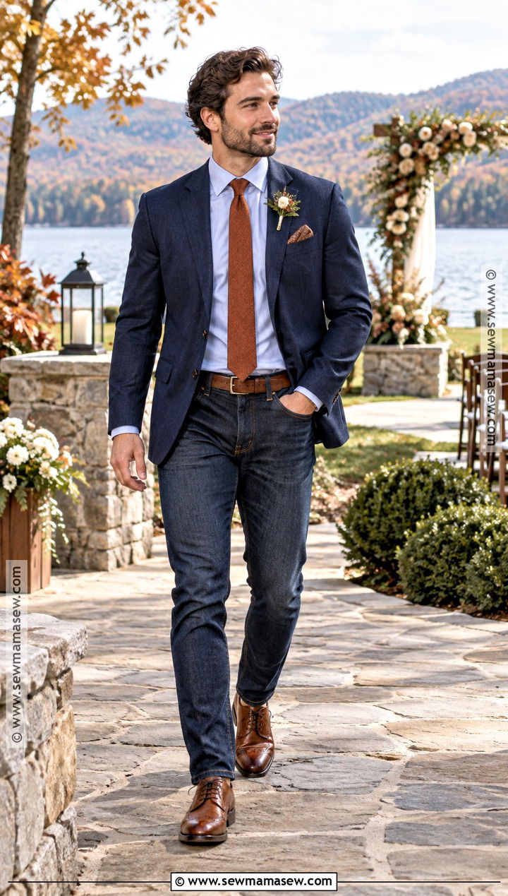 Indigo Jeans With Navy Blazer - 15 fall wedding groom attire jeans