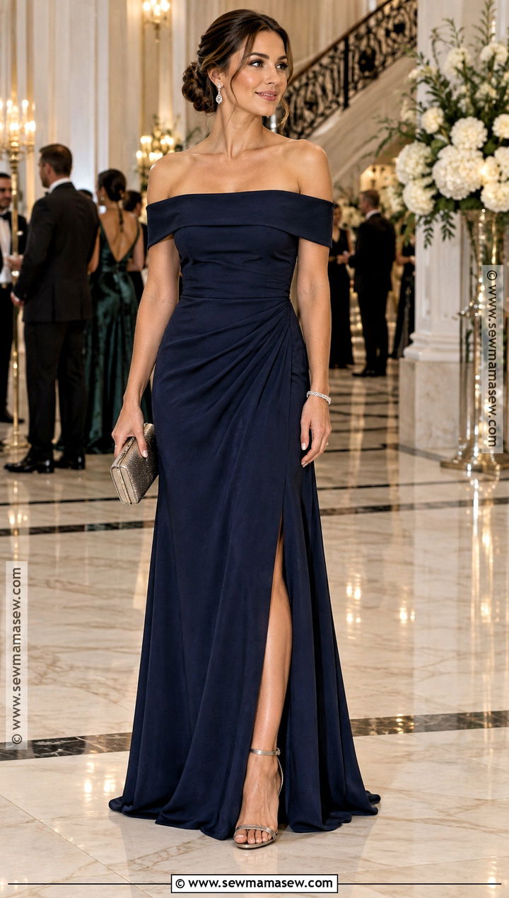 Ink Blue Off the Shoulder Fall Wedding Guest Dress - 15 fall wedding guest dress blue ideas
