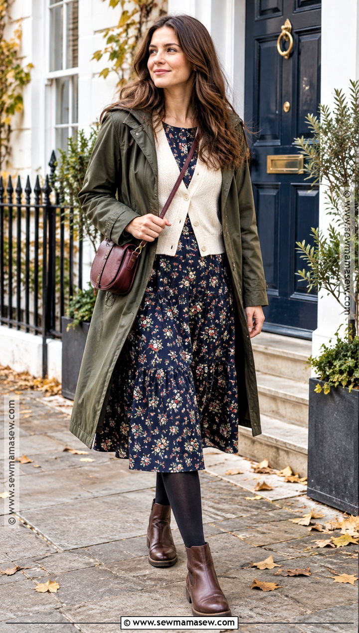 Ireland Fall Midi Dress and Waterproof Coat Outfit - 15 Ireland Capsule Wardrobe Fall Ideas