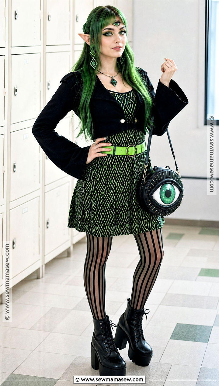 Iris Clops Cosplay With Green Patterned Dress - 45 monster high cosplay ideas